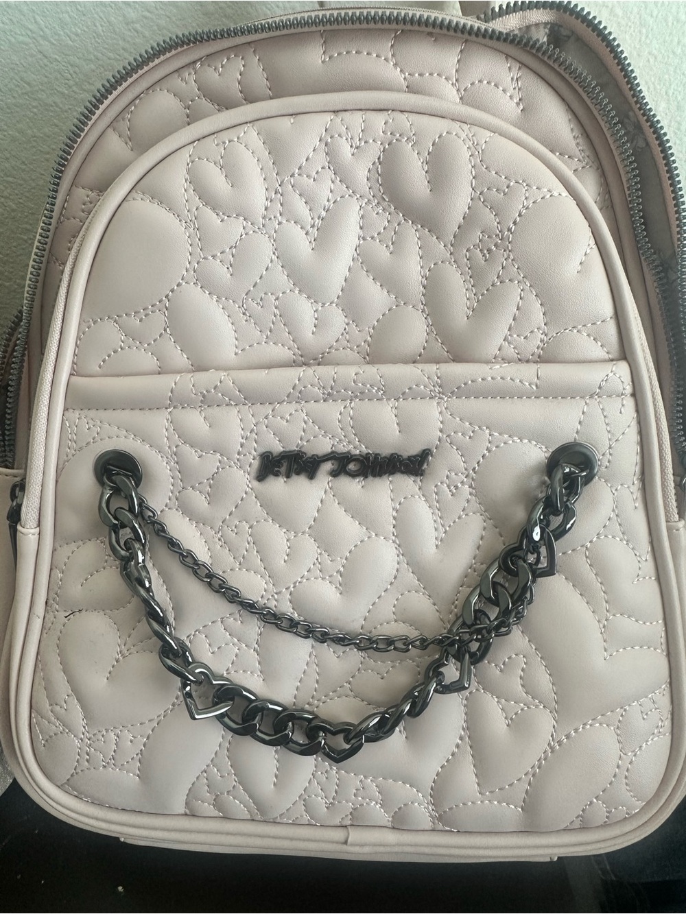 Betsey Johnson Quilted Heart Mini Backpack in Light Beige with Gunmetal Chain